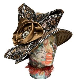Whittall & Shon Brown Church Hat Rhinestone Embellished Satin Rose Dress Derby
